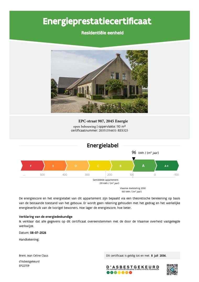 Voorbeeld van een energieprestatiecertificaat voor een woning